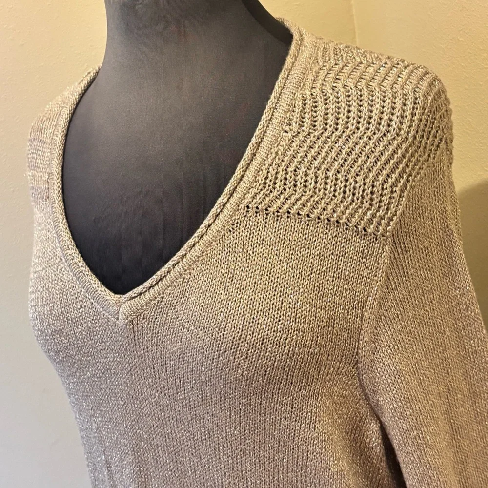 Democracy Gold Metallic Knit V-Neck Sweater, Large